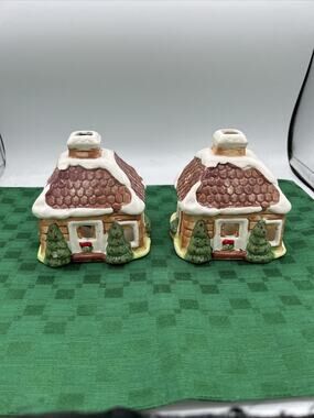 vintage interpur christmas cottage candle holder Set Of 2